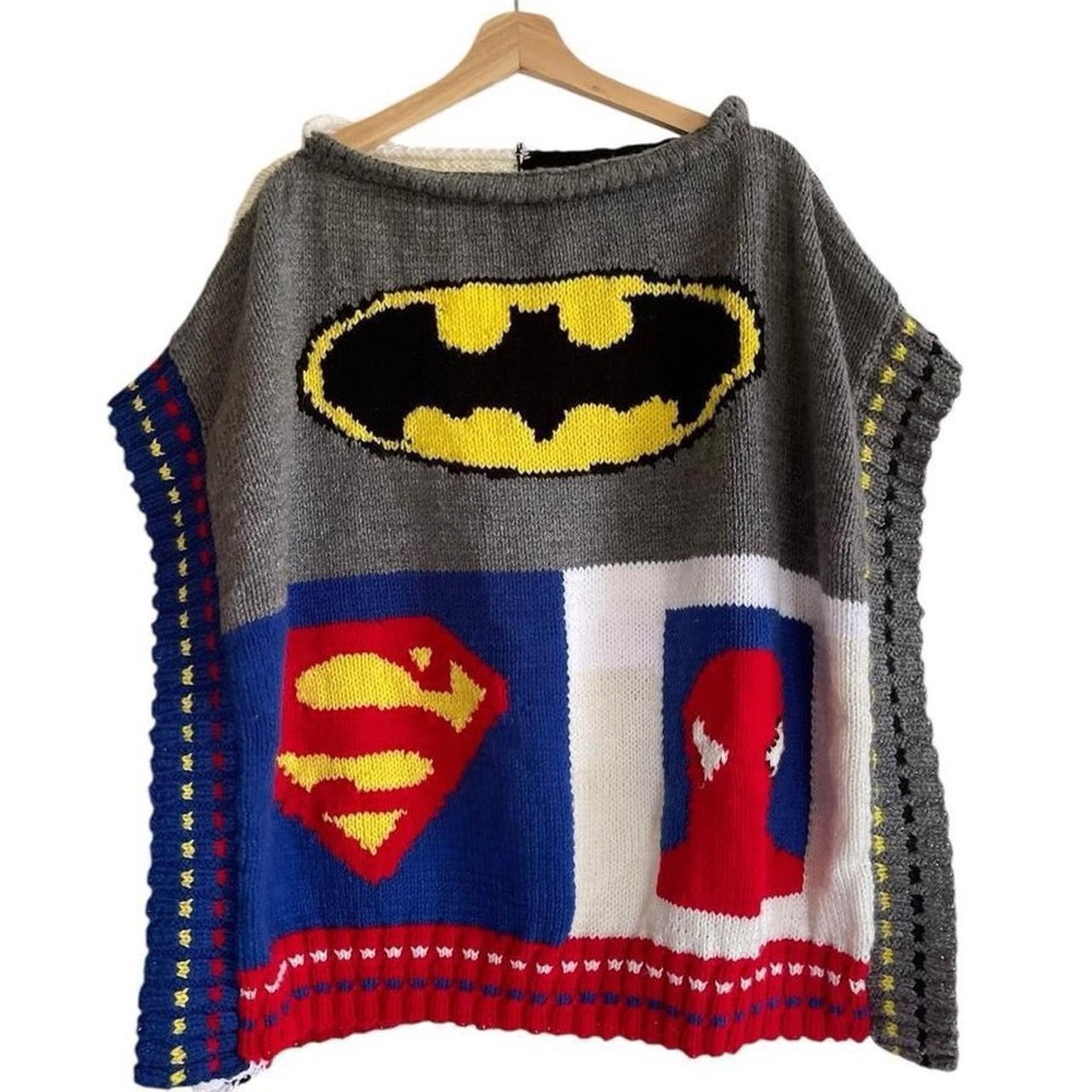 Vintage Hand Knit 2 Sided DC Marvel Superman Spiderman Batman Card Suits Poncho